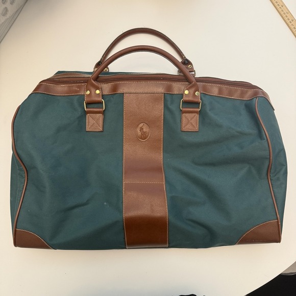 Polo Ralph Lauren Canvas Leather Duffle Bag Green Brown Travel Weekend Gym Large - Picture 1 of 4